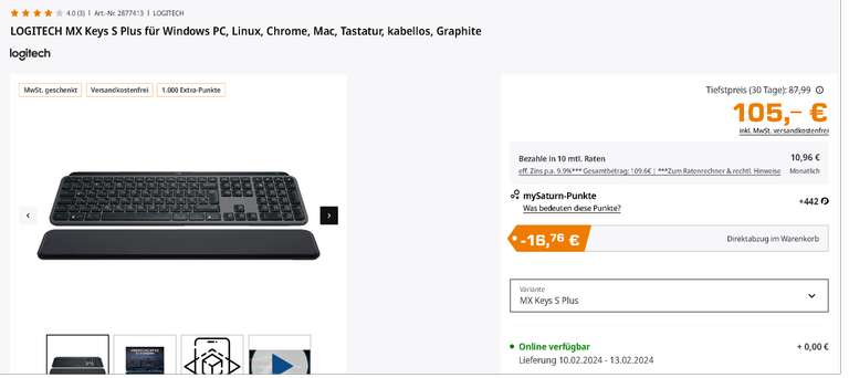 [MediaMarkt&Saturn] LOGITECH MX Keys S Plus Tastatur für Windows PC, Linux, Chrome, Mac