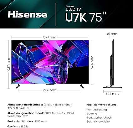 Hisense 75U7KQ 189 cm (75") Mini LED-TV / F4K Mini LED ULED HDR Smart TV, Quantum Dot, 120Hz, HDMI 2.1, Game Mode Pro (nach Cashback 999,-)