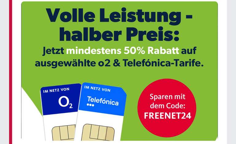 50 Prozent Rabatt auf O2- & Telefónica-Tarife bei Freenet. Ohne Laufzeit