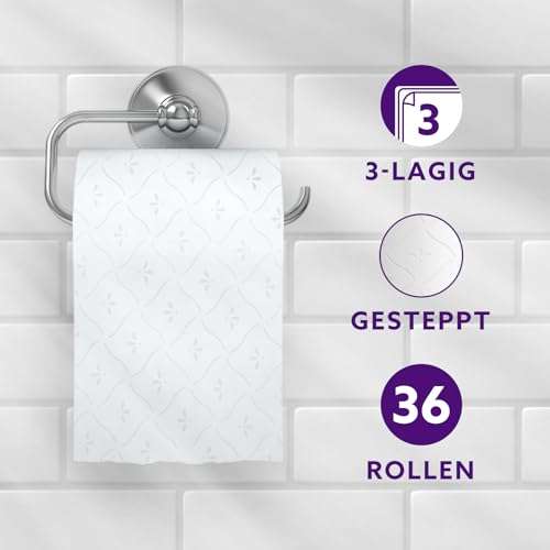 Gestepptes, 3-Lagiges Toilettenpapier, 36 Rollen (4 Packs à 9), 200 Blätter pro Rolle [PRIME/Sparabo; für 10,25€ bei 5 Abos]