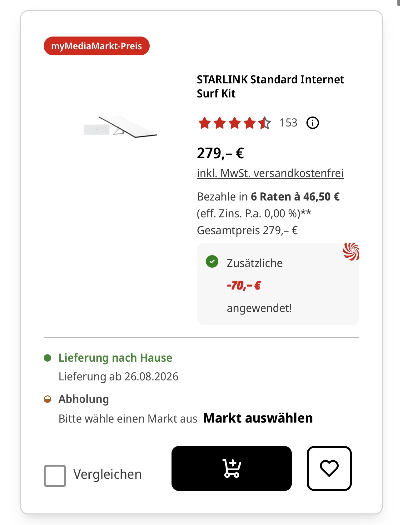 Starlink Standard Kit V4X mit Router 3, Wi-Fi 6 & 2× LAN für 279 € statt 349 € (myMediaMarkt)