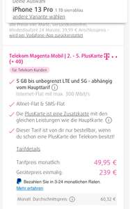 Telekom Magenta Mobil | 2. - 5. PlusKarte (+ 40) IPhone 13 Pro und Max 1 TB