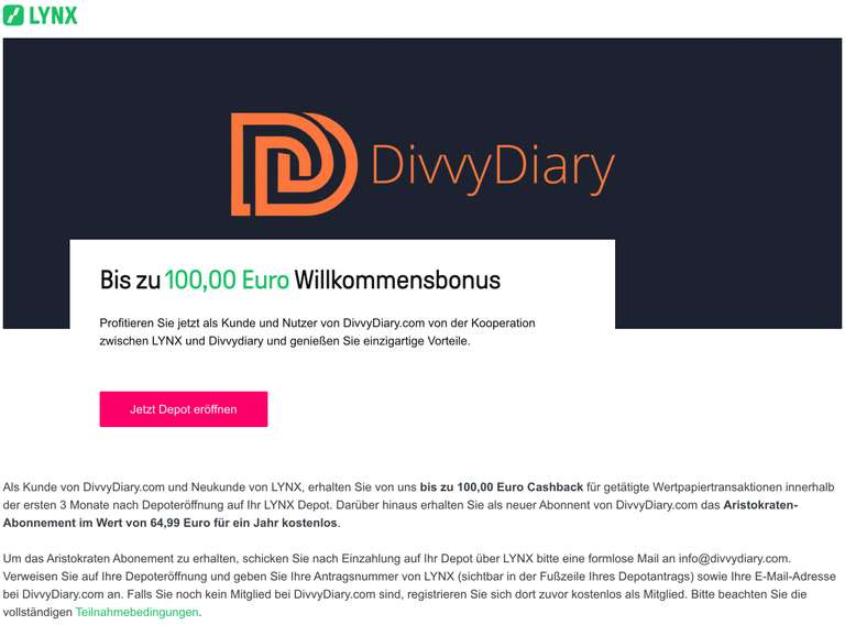 [DivvyDiary + LYNX Broker] DivvyDiary Aristokraten Mitgliedschaft 1 Jahr gratis + Willkommensbonus bei LYNX bis zu 100 Euro