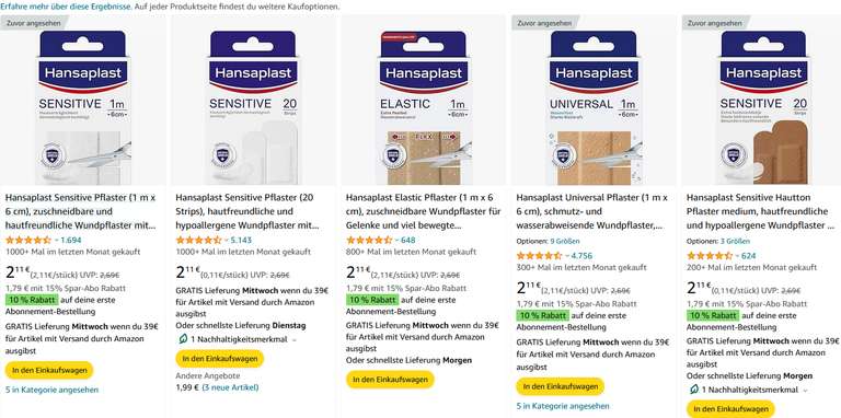 Pflaster für 1,59€ Hansaplast Sensitive Hautton Pflaster medium (Spar-Abo Prime)
