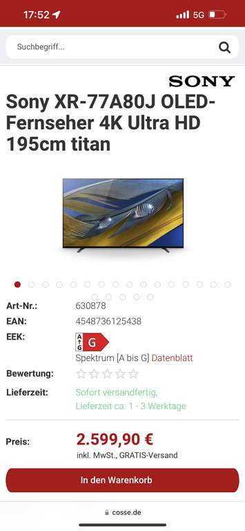 Sony XR-77A80J OLED-Fernseher 4K Ultra HD 195cm titan