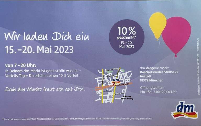 [Lokal München] Vorteils-Tage im dm Drogeriemarkt Boschetsrieder Str. : 10% Rabatt 15.05. - 20.05.