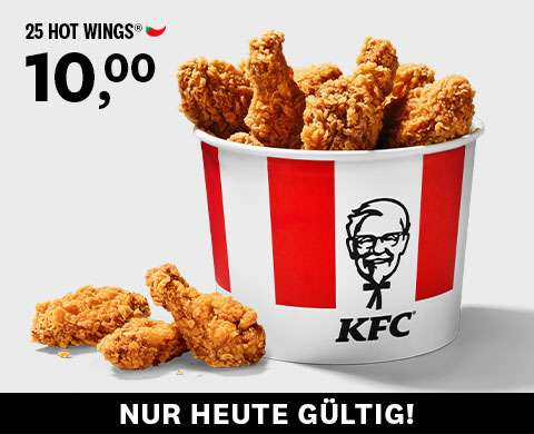 KFC Dealtime: z.B. 7. Juni 25 Hot Wings für 10€ (zzgl. 2 Softdrinks / große Pommes 13€) I 8. Juni 2 für 1 Gourmet BBQ Burger