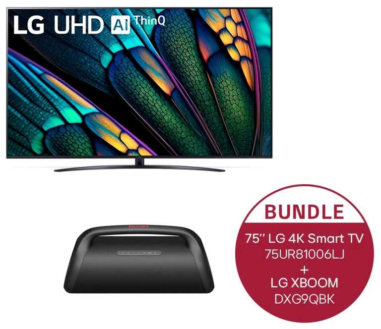 Bundle: LG 75UR81006LJ Fernseher (75", UHD, 60Hz, IPS, Direct LED, 3x HDMI 2.0, eARC, ALLM) + XBoom Go DXG9Q Bluetooth-Lautsprecher