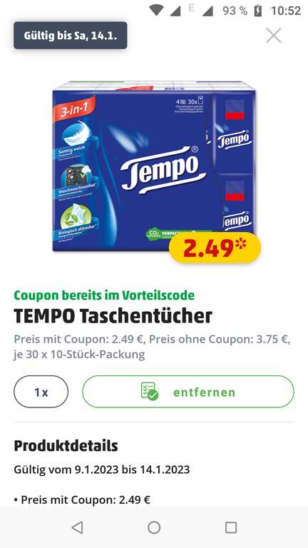 [Penny App] 30 x 10 stück Tempo Taschentücher für 2,49€