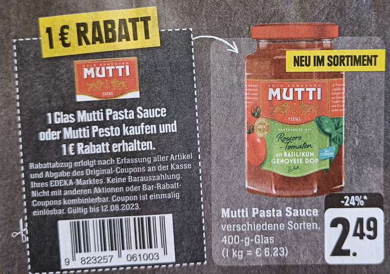 MUTTI Pasta Sauce versch. Sorten je 400 g Glas für 1,49 € (Angebot + Coupon) [Edeka Südwest]