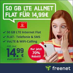 [Vodafone-Netz] 50GB green LTE Tarif (100 Mbit/s) für 14,99€ / Monat von freenet mit VoLTE, WLAN Call & Allnet- & SMS-Flat + 19,99€ AP