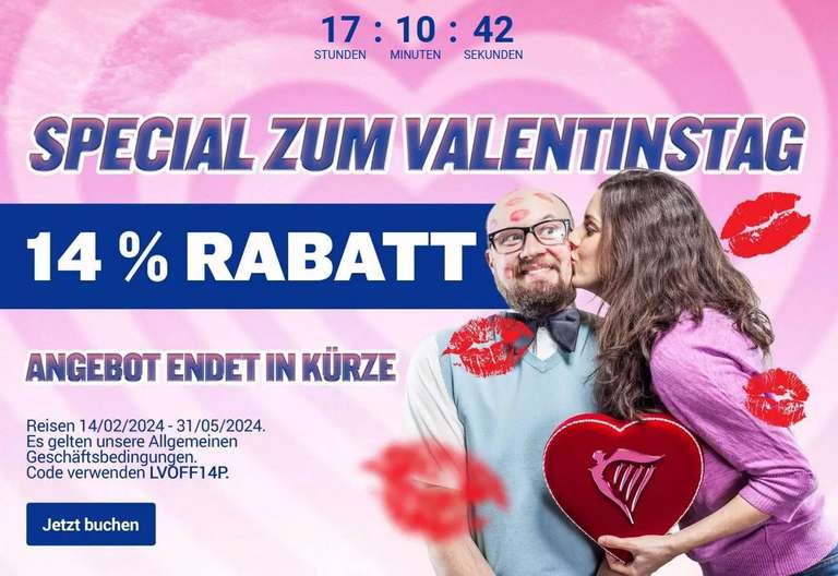 (Ryanair) 14% Rabatt zum Valentinstag (Flüge bis 31.05)