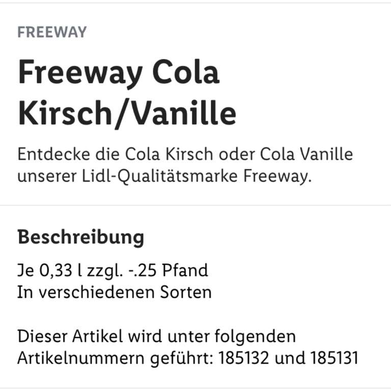 [LIDL App] 4x 0,33l-Dose Freeway Cola Kirsch od. Vanille (66 Cent/Liter)