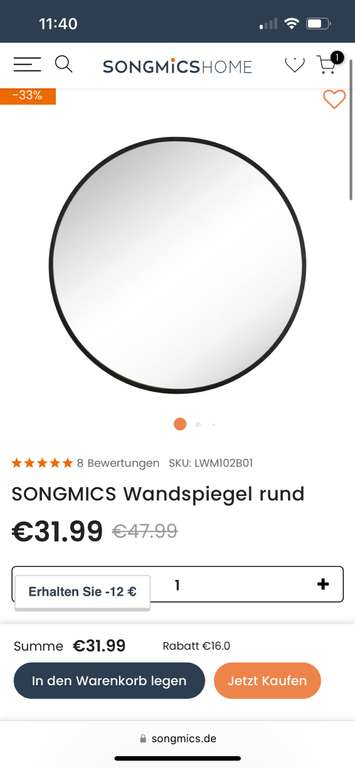 Songmics Wandspiegel 60cm Durchmesser