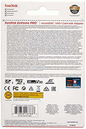 SanDisk Extreme PRO 256 GB microSDXC Speicherkarte mit bis zu 170MB/Sek., Class 10, U3, V30 (amazon.de)