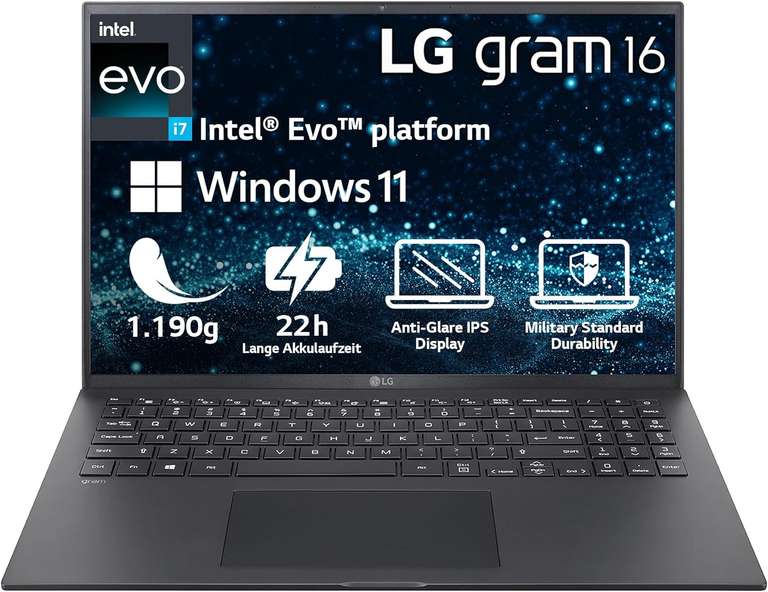 [LG.com] - LG gram 16 (2023) Ultralight Notebook 1.190g - 16" IPS 2560x1600P, Core i7-1360P, 16GB RAM, 512GB SSD, Akku 80Wh bis 22h, Win 11