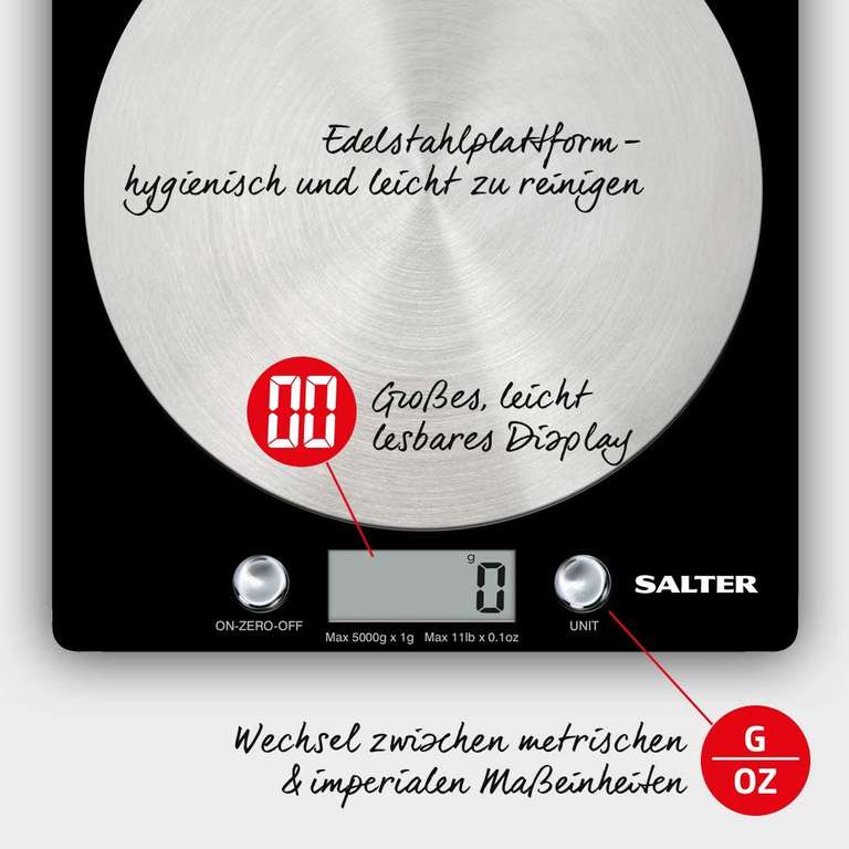 Salter 1036 BKSSDR Digitale Küchenwaage - 5kg, Null-/Tara-Funktion mit hochpräzisen Sensor, Einfache Reinigung (prime)