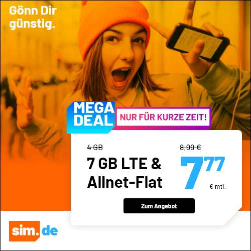 [SIM-Only Drillisch] 7GB LTE Datenvolumen + Allnet-Flat + VoLTE & WLAN Call für 7,77€ monatlich o. 10GB + 60 Freiminuten für 6,66€
