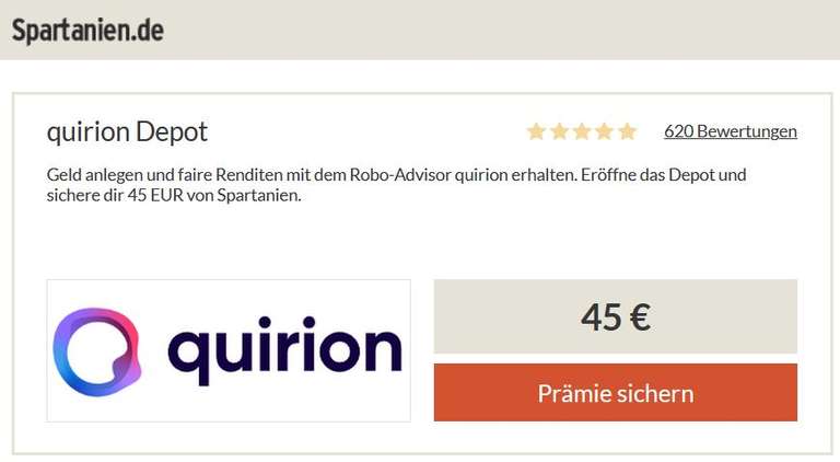 145€ Bonus! 100€ Bonus beim RoboAdvisor Quirion für Sparplan 25€ (Mindestlaufzeit 6 Mon., Neukunden) + 45€ Bonus von Spartanien, eID möglich
