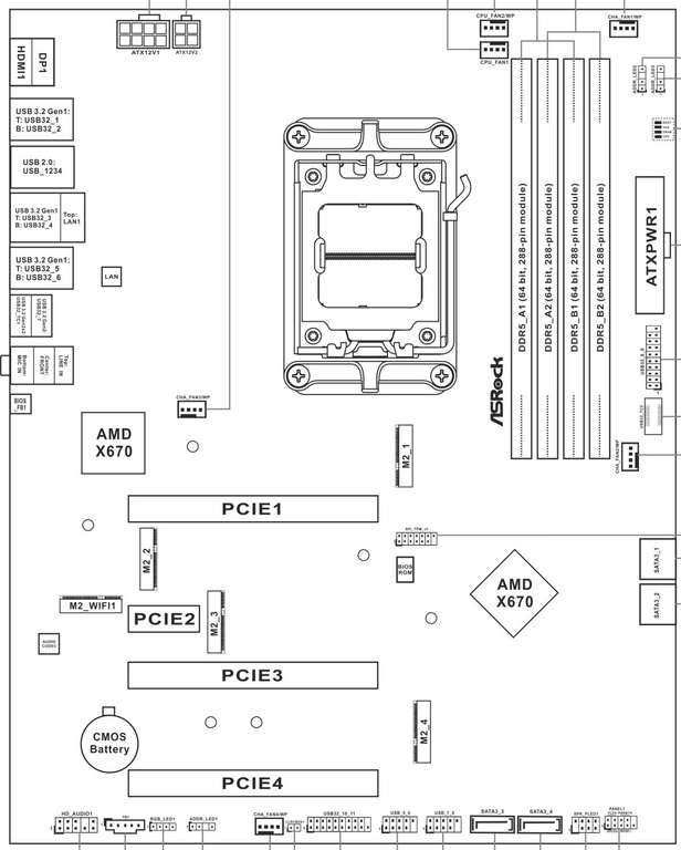 ASRock X670E PG Lightning Mainboard (AM5, ATX, 16 Phasen, 4x DDR5, PCIe 5.0 x16, 5x M.2, 12x USB, 2.5Gbit-LAN, HDMI, DP, ALC897)