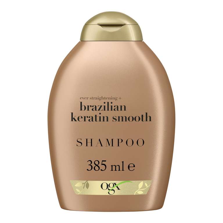 OGX Brazilian Keratin Smooth Shampoo (385 ml), glättendes Haarshampoo mit Keratin, brasilianischem Kokosöl, Avocadoöl und Kokosnussbutter