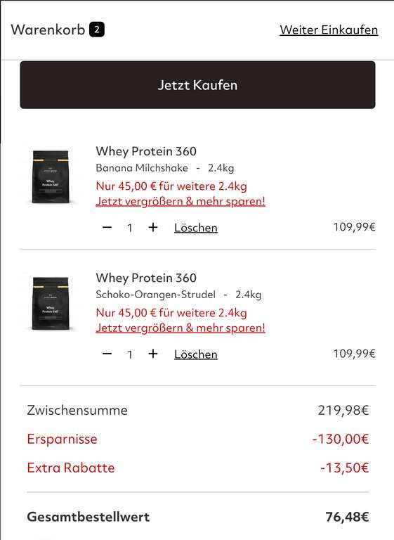 Whey Protein 360 - 4,8 kg (15,93€/kg) - verschiedene Sorten - Versandkostenfrei ab 65€