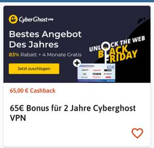 [reebate] Cyberghost 0,10€mtl 65€ Cashback (96%) auf das 2 Jahres Abo