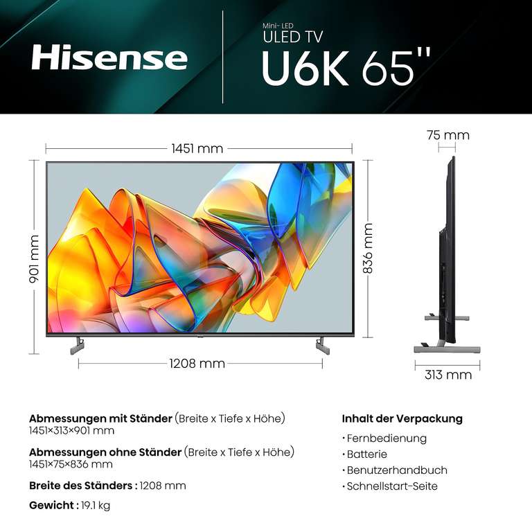 [Prime] Hisense 65U6KQ 164 cm (65 Zoll) Fernseher 4K Mini LED