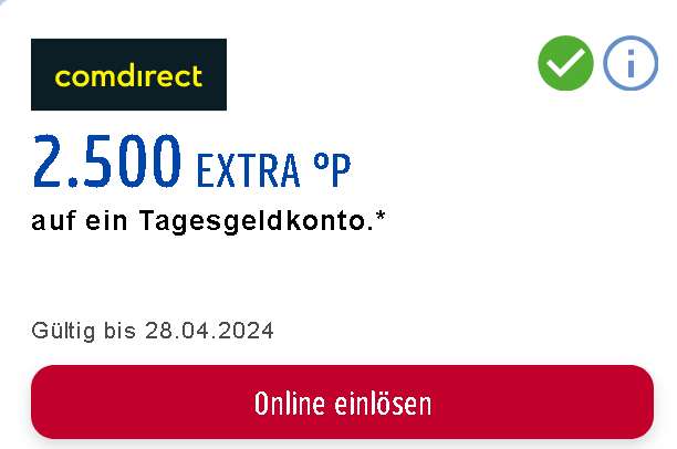 [Comdirect + Payback] 3.000 Punkte (30 €) auf Tagesgeldkonto, 3,25% p.a., 3 Monate, bis 1.000.000€ Guthaben, Neukunden; personalisiert