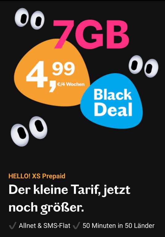 BLACK DEAL HELLO! XS Prepaid 7 GB für 4,99 Euro Gutscheincode 5GBEXTRA nochmals 5GB dazu