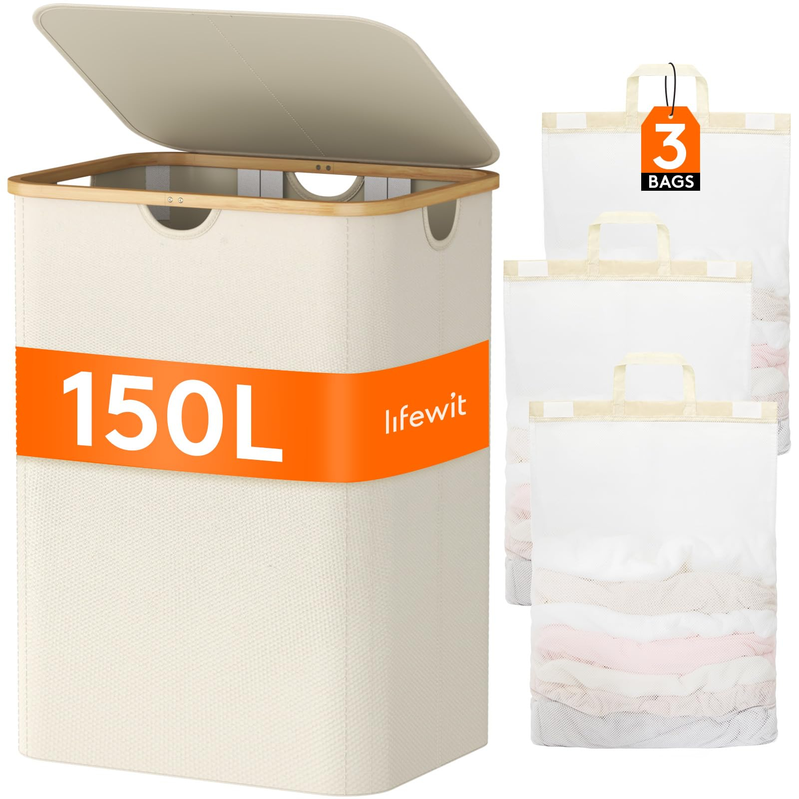 Lifewit 150L Wäschekorb mit Deckel mit 3 herausnehmbaren Wäschesäcken für Schlafzimmer und Bad