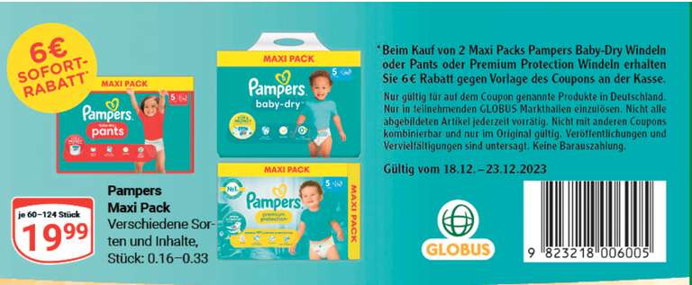 2x Pampers Maxi-Pack Baby | mydealz + (Globus Premium offline) je Protection, Fach 16,99 Dry Coupon. Payback € 10