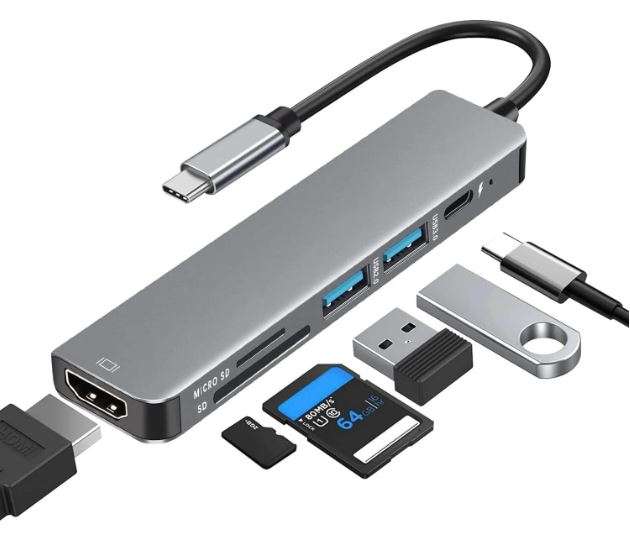 Bakeey USB-C Hub, 6-fach, 100 W PD, HDMI 4K@30Hz, USB3.0, Kartenleser - 7,16 € für BG-Altkunden möglich