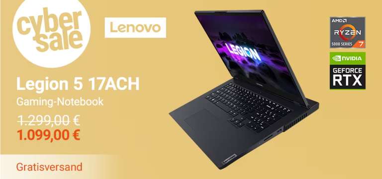 Lenovo Legion 5 17ACH 17,3" FHD IPS Notebook (Ryzen 7 5800H, 16GB/1TB, RTX 3070 130W, 300cd/m², 144Hz, USB-C/DP+PD, 80Wh)