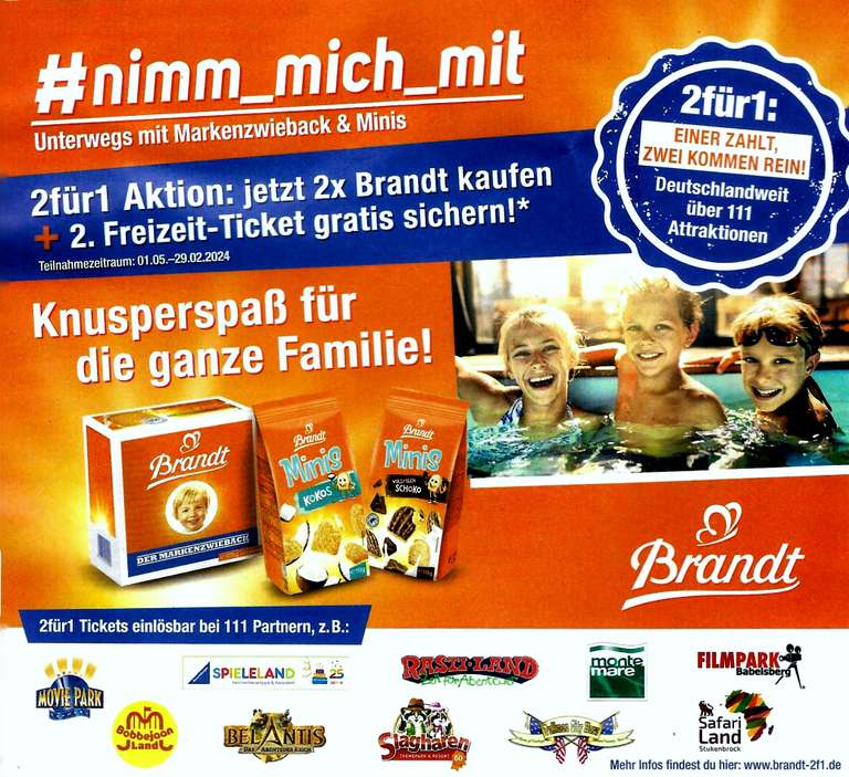 Brandt "'nimm_mich_mit" - 2 Für 1 Aktion - 2x Brandt kaufen & 2. Freizeit-Ticket Gratis sichern - 1 Ticket 3x einlösbar! - Ab 01.05.23