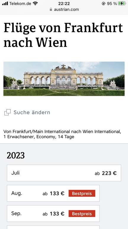 Austrian Air Bestpreisflüge nach Wien Hin- und Rück (Aug 2023 - Jun 2024) von Frankfurt aus