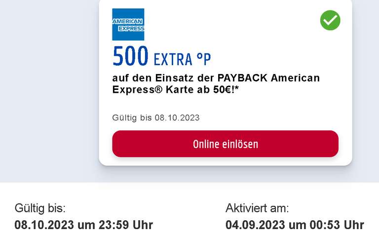 [Payback American Express Karte] 500 EXTRA-Punkte (5,- €) auf den Einsatz der PAYBACK American Express Karte ab 50,- € (Personalisiert)