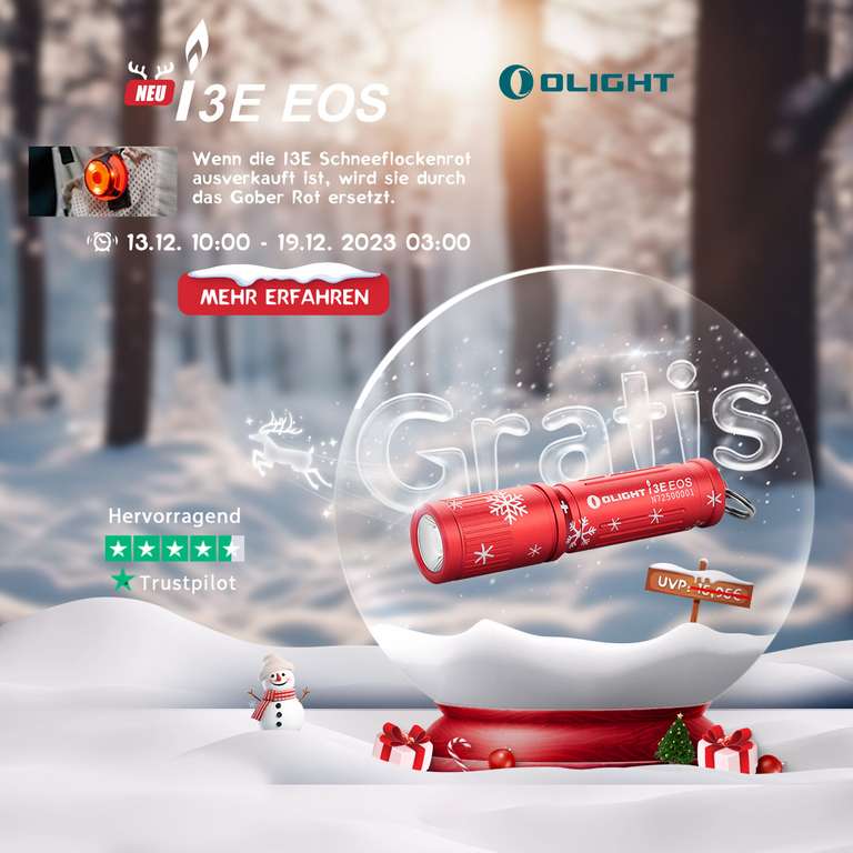 Olight Weihnachts-Sale | i3E Mini-Taschenlampe in Schneeflockenrot für 0€ + 5,95€ VSK (ohne MBW) / Gewinnspiel / weitere Aktionsangebote