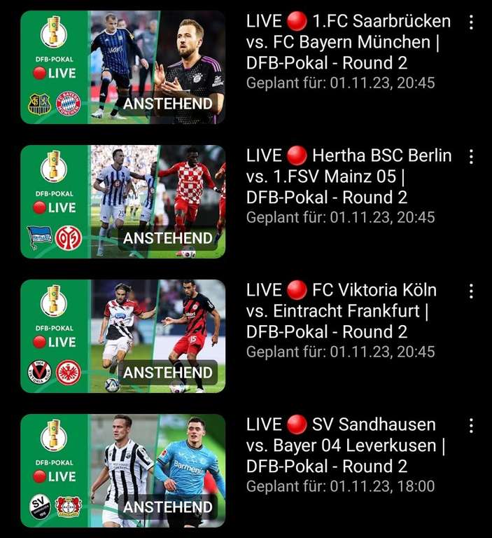 12 ausgewählte Spiele der 2. DFB-Pokalrunde kostenlos auf Youtube [VPN nötig]