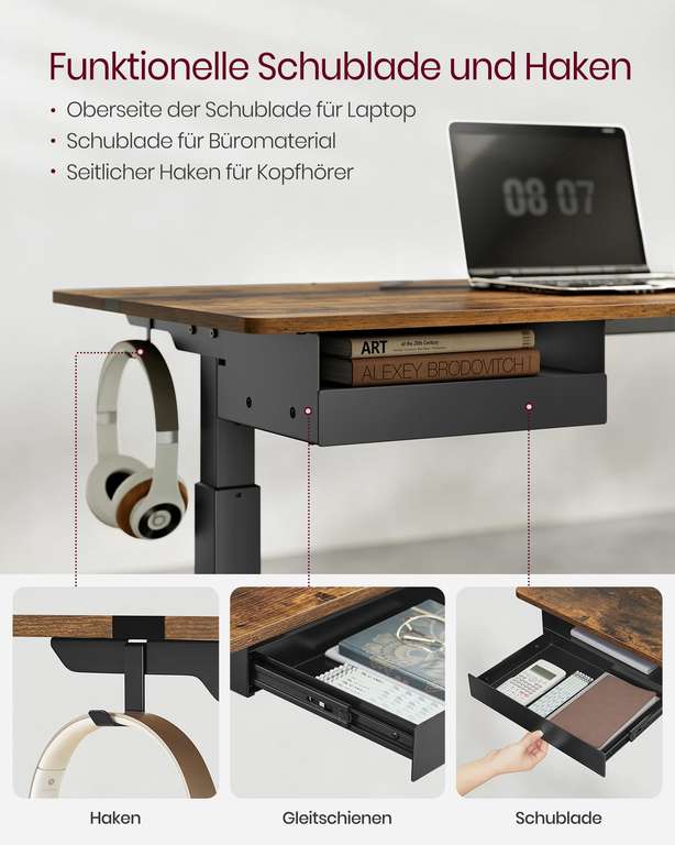VASAGLE Höhenverstellbarer Schreibtisch elektrisch, mit Steckdose und Schublade, 60 x 140 cm (vintagebraun-schwarz LSD114X01)