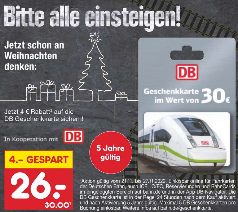 Netto MD/EDEKA/Marktkauf/BUDNI/diska: 30€ Deutsche Bahn (DB) Geschenkkarte für 26€