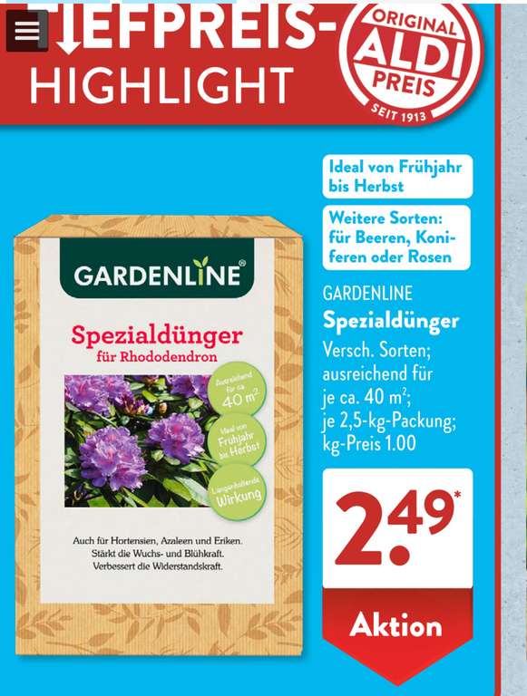 Spezialdnger 2,5kg | Rhododendron, 40qm, ALDI SD  ab 23.3, 2,49 at ALDI  SD | mydealz