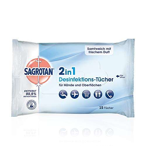 (Prime Spar-Abo) Sagrotan 2in1-Desinfektionstücher – Zum Desinfizieren von Händen und Oberflächen – 1 x 15 Feuchttücher