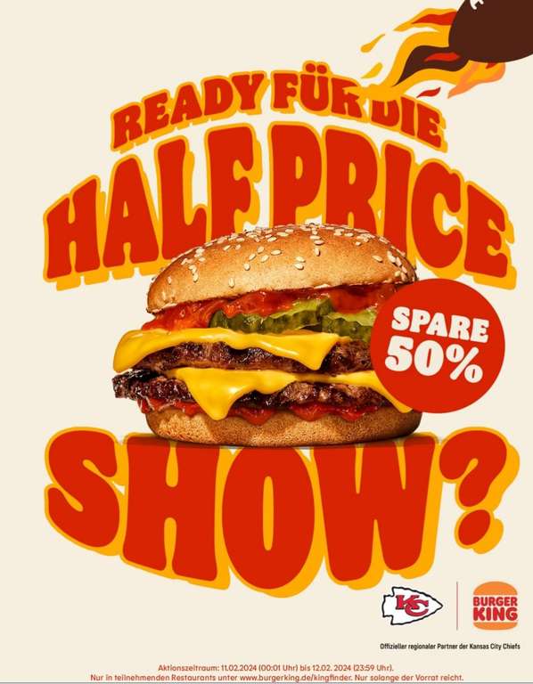 [Burger King] Kansas City Chiefs Burger zum halben Preis (auch mit Plant-based Patty)