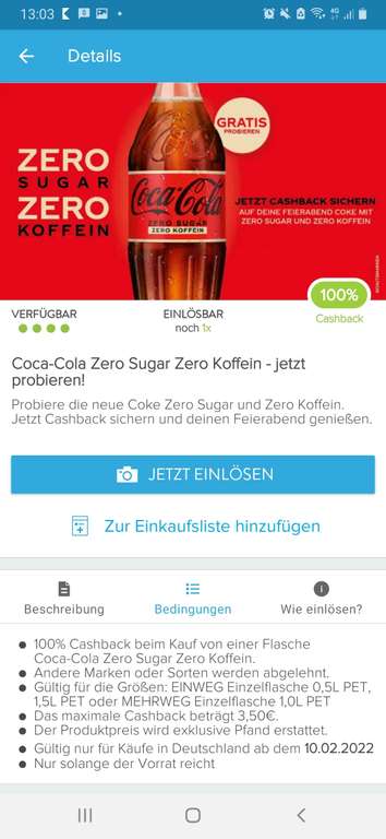 GRATIS testen 100% Cashback auf Coca Cola Zero Sugar Zero Koffein GzG