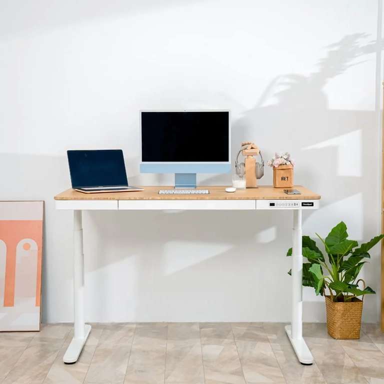 Flexispot Q8 schwarz & weiß | Höhenverstellbarer Schreibtisch (60-124cm) Bambus-Tischplatte (140×70cm) | 4 Memory-Steuerung & Anti-Kollision