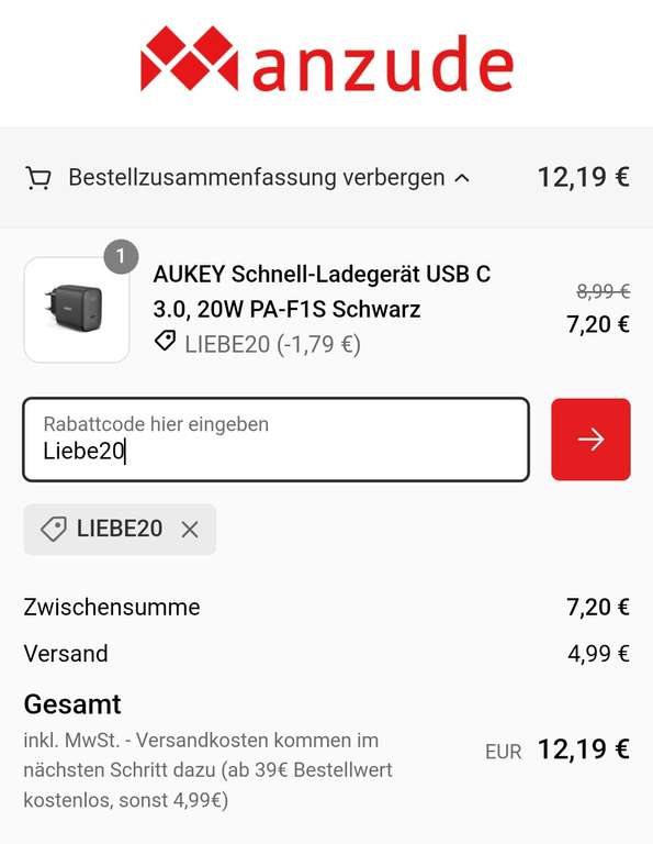 AUKEY Schnell-Ladegerät USB C 3.0, 20W PA-F1S Schwarz