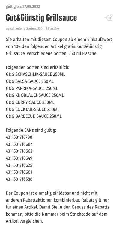 [Lokal] Edeka App (Nordbayern) - gratis G&G Grillsauce ab 10€ MEW