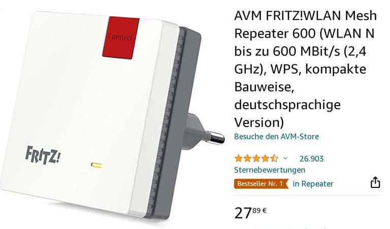 Gebraucht: AVM FRITZ!WLAN Mesh Repeater 600 (WLAN N bis zu 600 MBit/s (2,4 GHz), WPS, kompakte Bauweise, deutschsprachige Version)