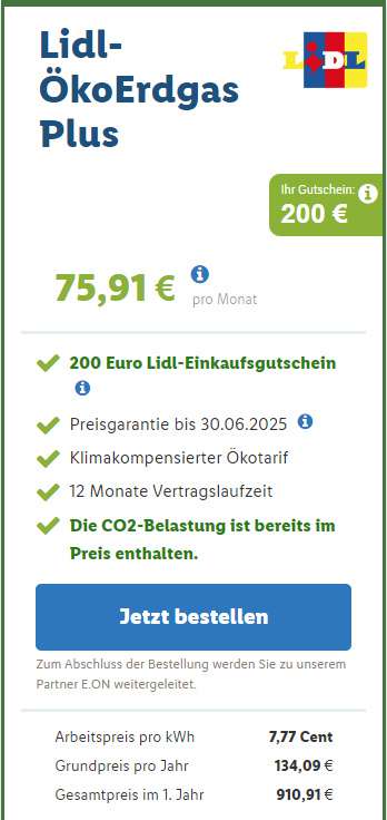 Lidl-ÖkoErdgas Plus mit 150 € Lidl-Einkaufsgutschein